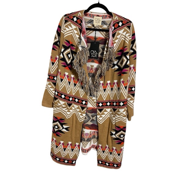 Chaser Cotton Blend Open Cardigan Aztec Tan size Small with Pockets & Fringe - Picture 2 of 5